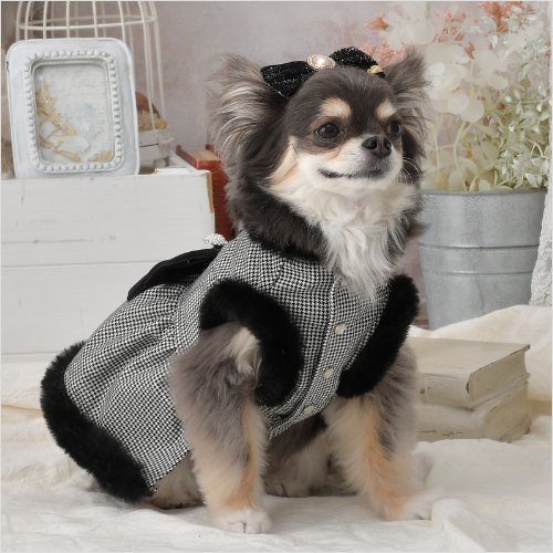 千鳥格子ファーワンピース　Black